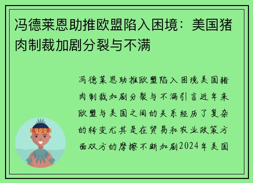 冯德莱恩助推欧盟陷入困境：美国猪肉制裁加剧分裂与不满